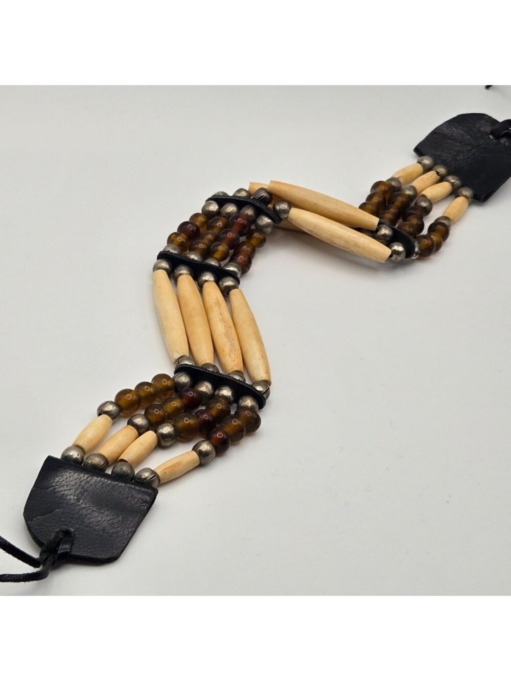 Vintage Leather Beaded Native Hairpipe  Bone Choker Necklace Bone Amber Silver B